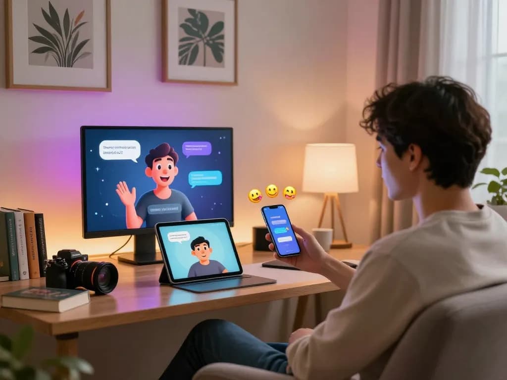 Interactive sex chat AI experience in a cozy home office with an animated companion.