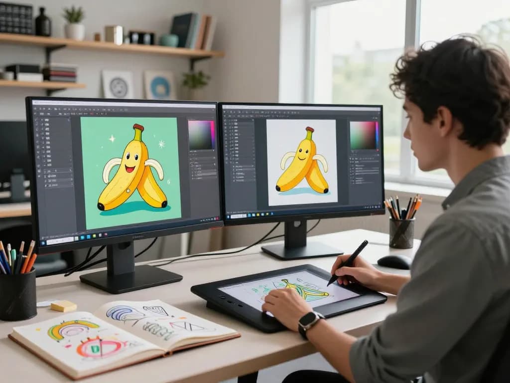 Designer using nano banana ai in a creative workspace with vibrant images and art supplies.