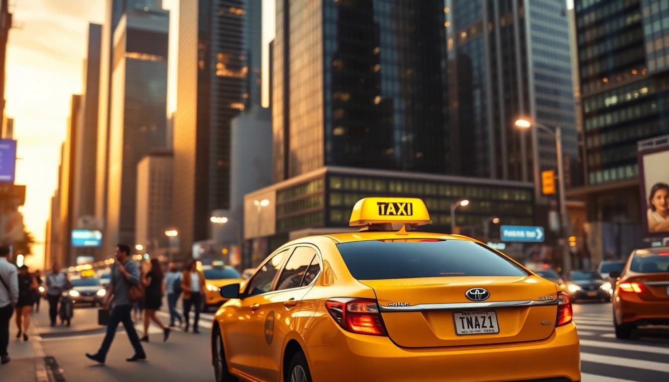 Taxis navigating through a vibrant city, showcasing urban transportation in action.